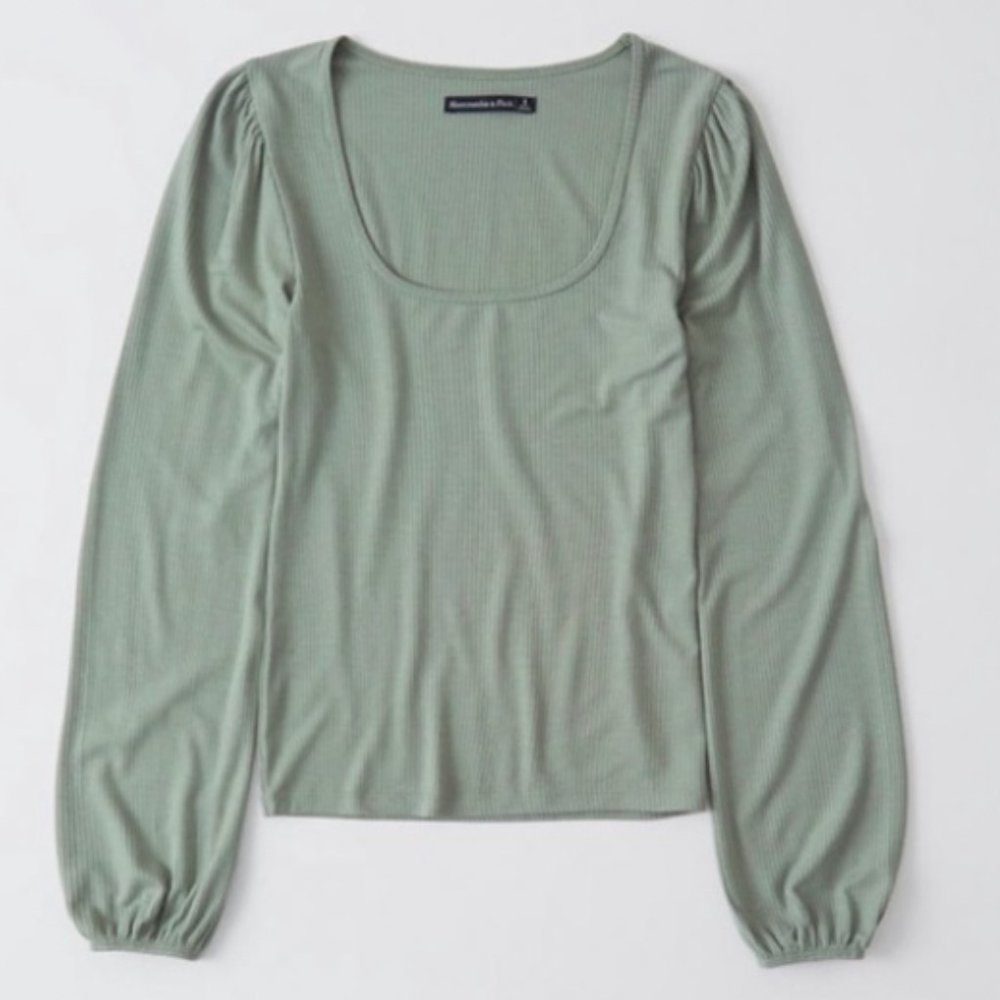 Abercrombie Ribbed Long Sleeve Scoop Neck Top, XS, Sage Green